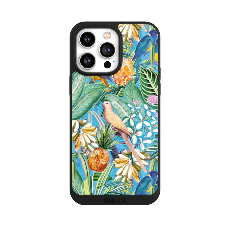 iPhone 14 Pro Max NIVOpure Tropical Parrots on Blue Wallpaper