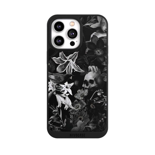 Apple iPhone 14 Pro Max NIVOpure Totenköpfe und Blumen auf schwarzem Hintergrund
