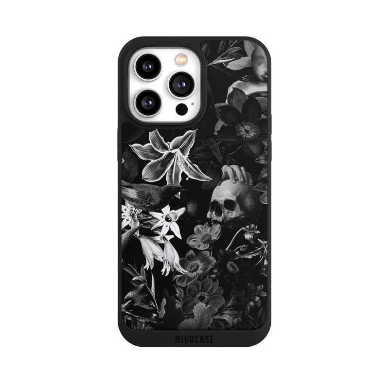 iPhone 14 Pro Max NIVOpure Totenköpfe und Blumen auf schwarzem Hintergrund