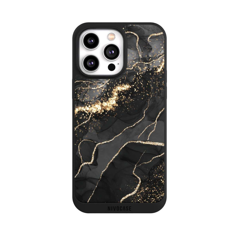 iPhone 14 Pro Max NIVOpure Dunkler Marmor Wirbel Goldoptik