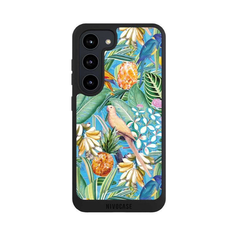 Galaxy S23 NIVOpure Tropical Parrots on Blue Wallpaper