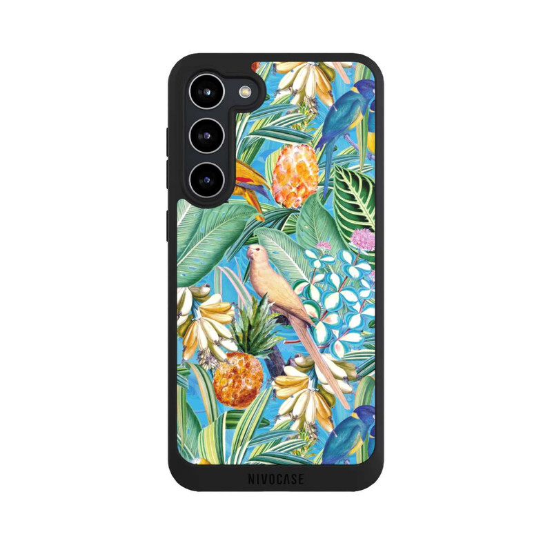 Galaxy S23 + NIVOpure Tropical Parrots on Blue Wallpaper