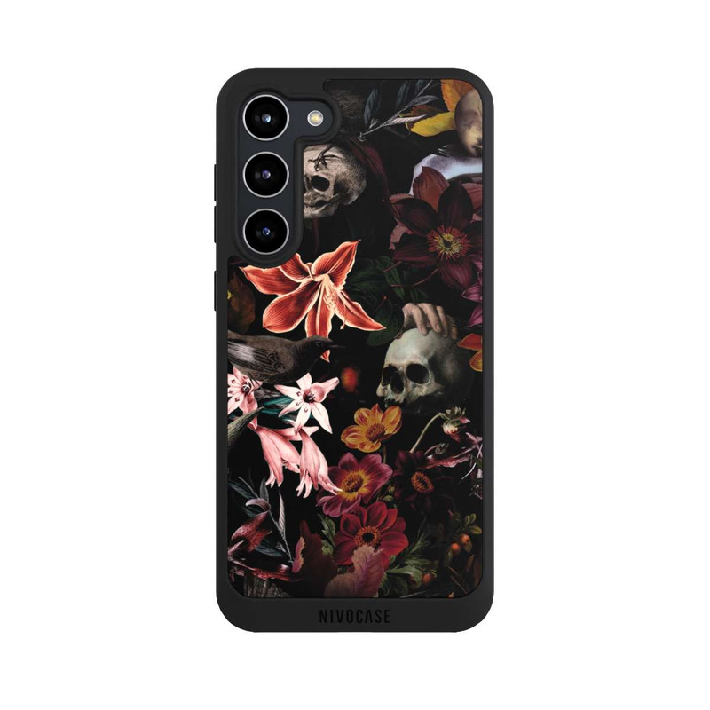 Galaxy S23 + NIVOpure Totenköpfe und Blumen auf dunklem Hintergrund