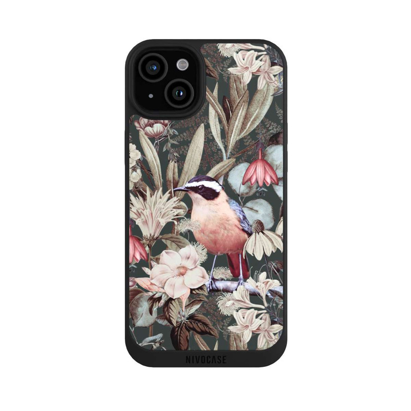 iPhone 15 Plus NIVOpure Orangefarbener Vogel im Vintage Blumenmuster