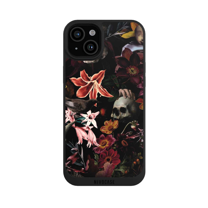 iPhone 15 Plus NIVOpure Crânes et fleurs sur fond sombre