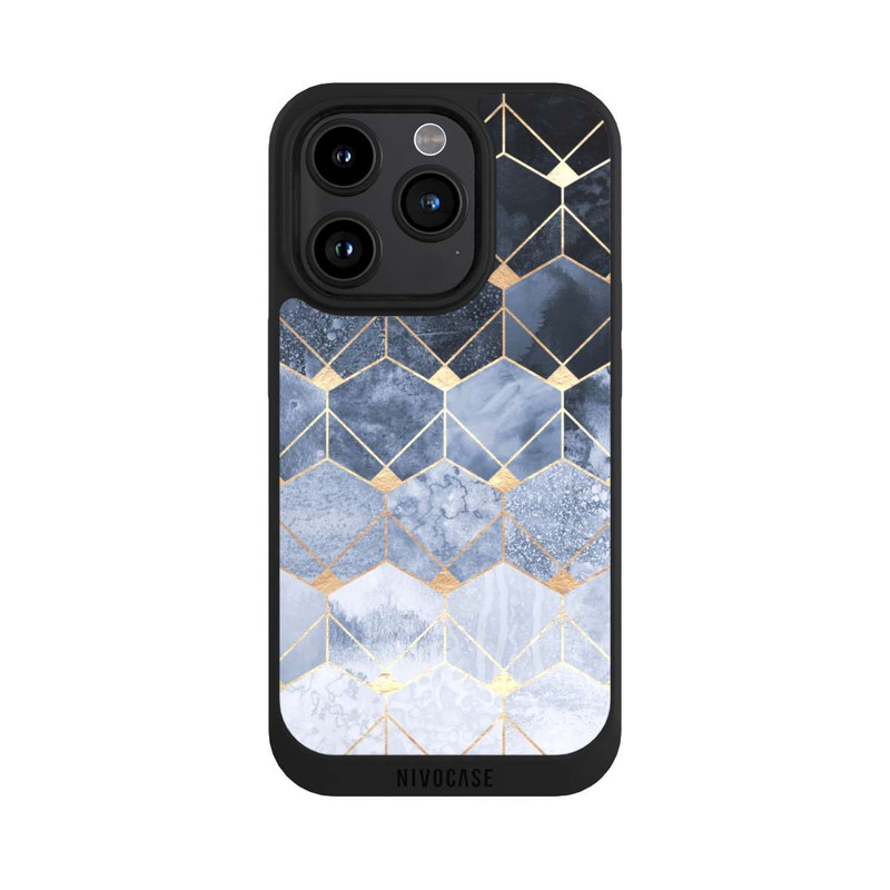 iPhone 15 Pro NIVOpure Blaue Sechsecke und Diamanten Golddruck