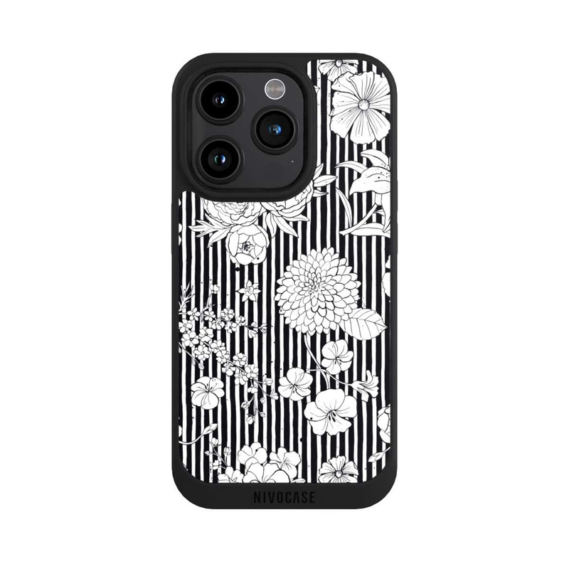 iPhone 15 Pro NIVOpure Blumen und Streifen Schwarz und Weiß