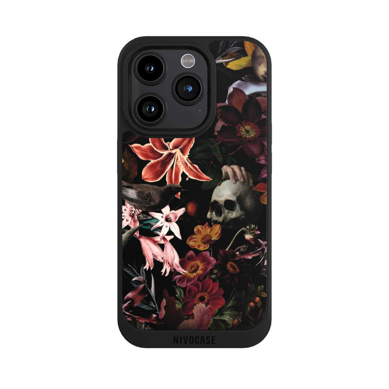 iPhone 15 Pro NIVOpure Crânes et fleurs sur fond sombre