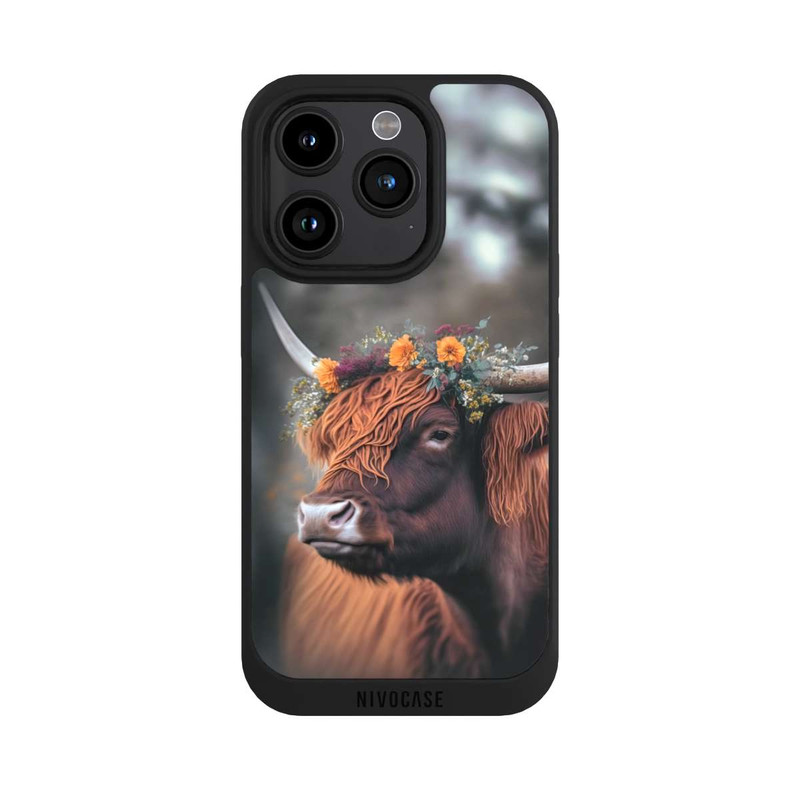 iPhone 15 Pro NIVOpure Vache des Highlands avec des fleurs avec IA