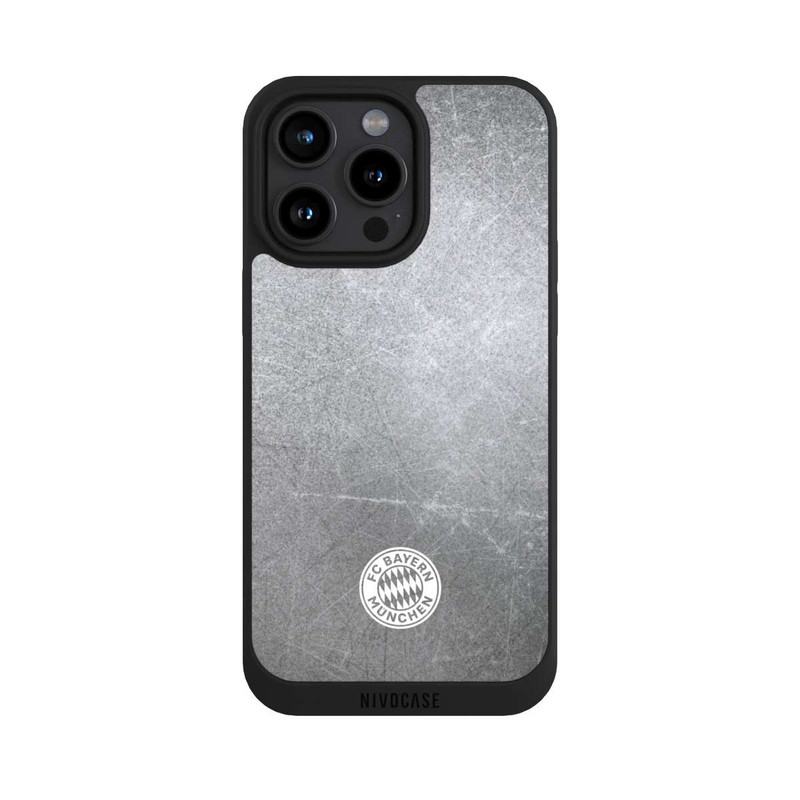 iPhone 15 Pro Max NIVOpure Logo FCB Classique Petit - Blanc sur Fond Métallique