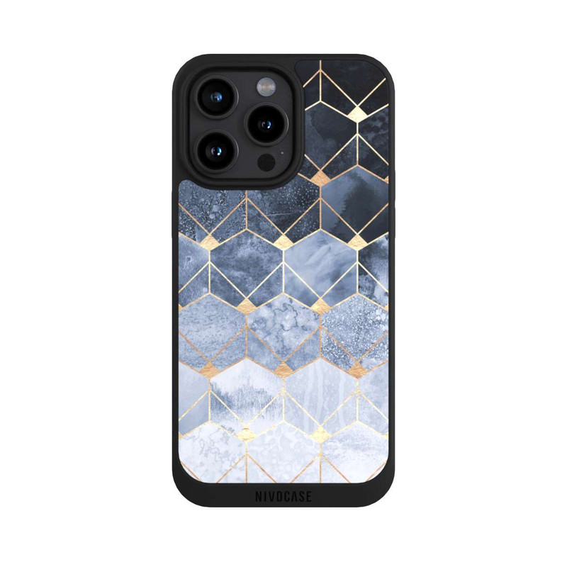iPhone 15 Pro Max NIVOpure Blue Hexagons And Diamonds Gold Print