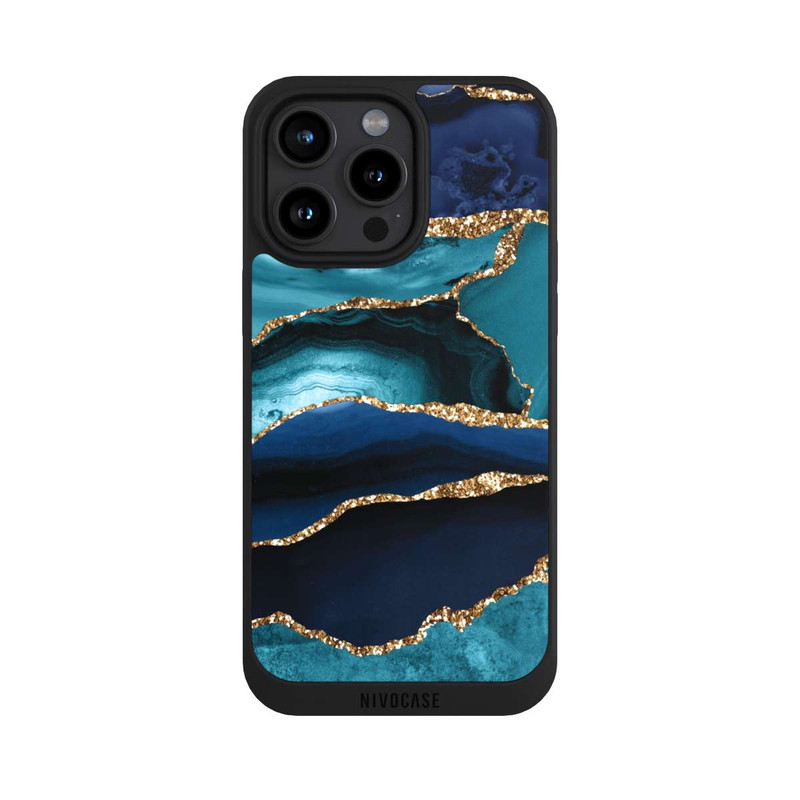 iPhone 15 Pro Max NIVOpure Aspect pailleté doré marbré bleu foncé et bleu clair