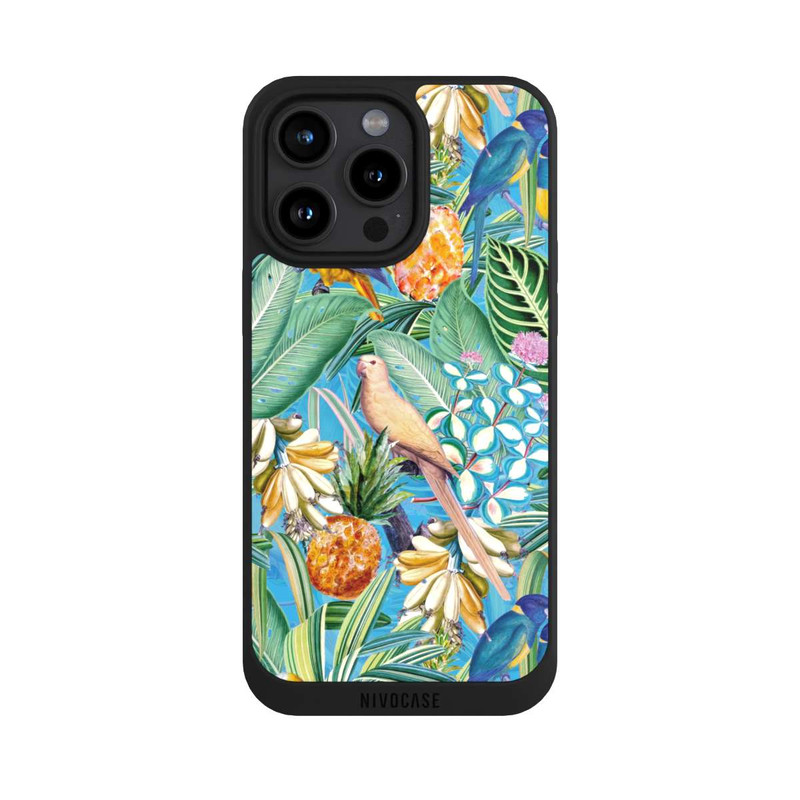 iPhone 15 Pro Max NIVOpure Perroquets tropicaux sur papier peint bleu