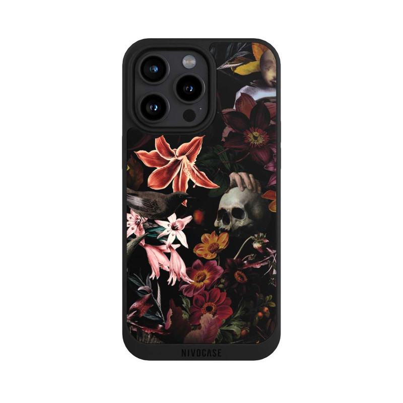 iPhone 15 Pro Max NIVOpure Totenköpfe und Blumen auf dunklem Hintergrund