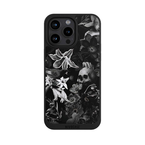 Apple iPhone 15 Pro Max NIVOpure Totenköpfe und Blumen auf schwarzem Hintergrund