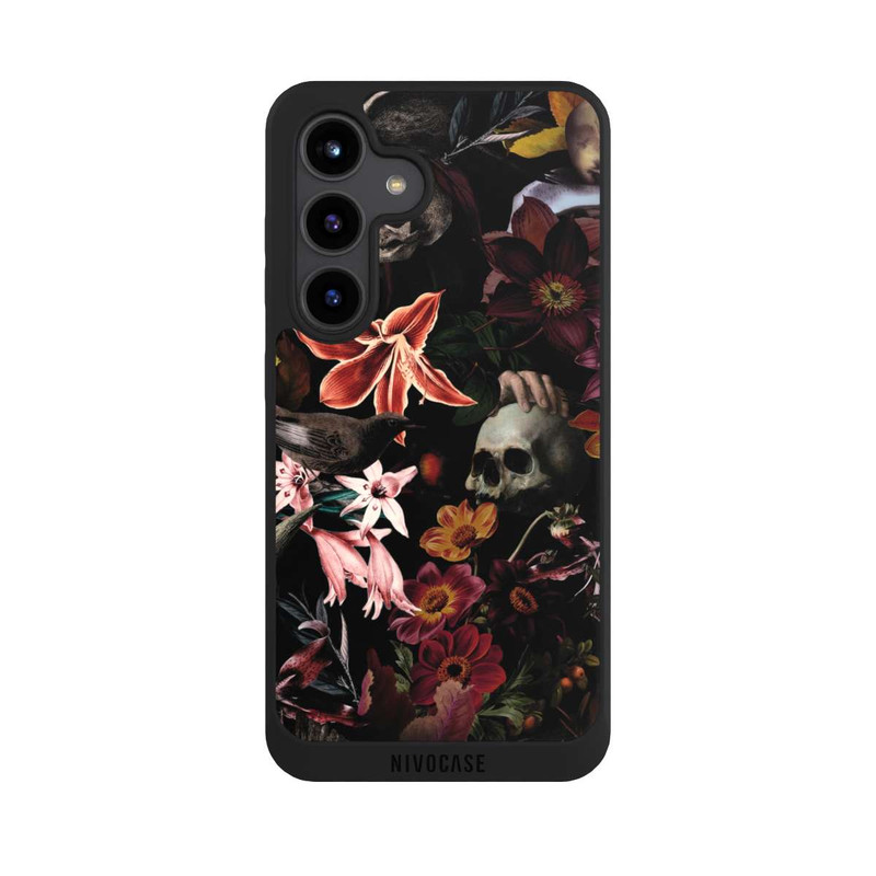 Galaxy S24 NIVOpure Totenköpfe und Blumen auf dunklem Hintergrund