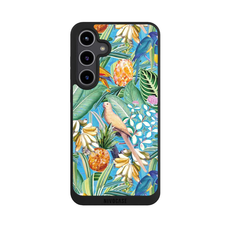 Galaxy S24 + NIVOpure Tropische Papageien auf blauer Tapete