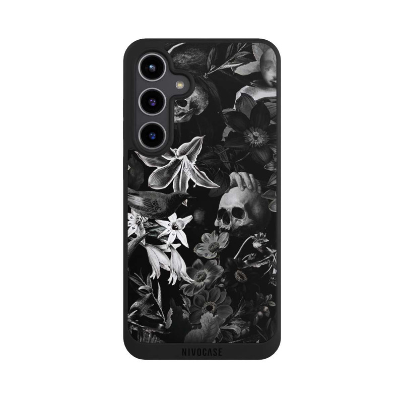 Galaxy S24 + NIVOpure Totenköpfe und Blumen auf schwarzem Hintergrund