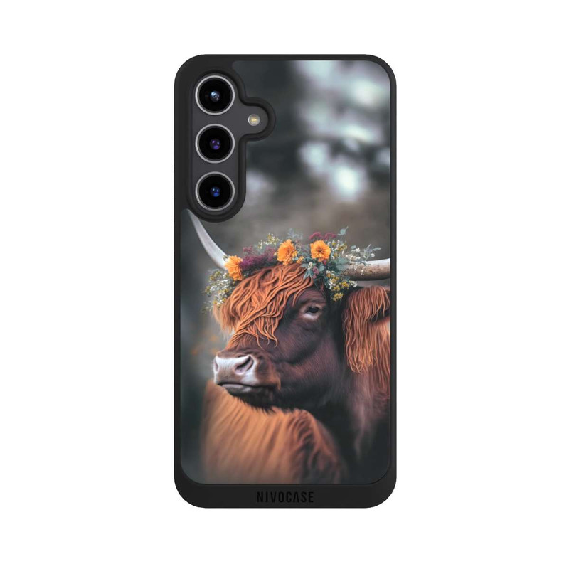Galaxy S24 + NIVOpure Vache des Highlands avec des fleurs avec IA