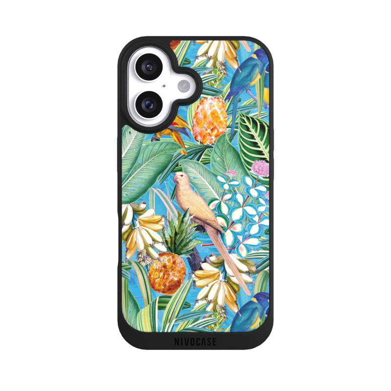iPhone 16 NIVOpure Tropische Papageien auf blauer Tapete