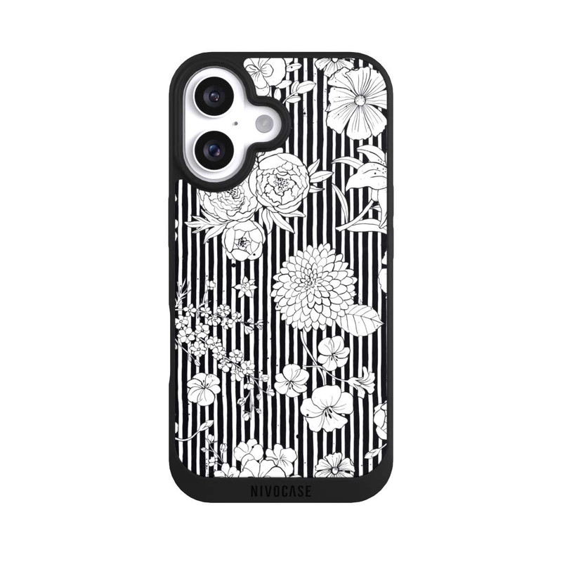 iPhone 16 NIVOpure Fleurs et rayures noir et blanc