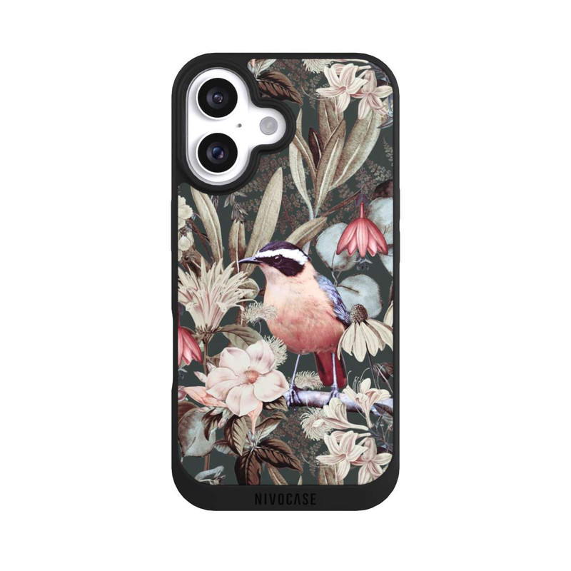 iPhone 16 NIVOpure Orangefarbener Vogel im Vintage Blumenmuster