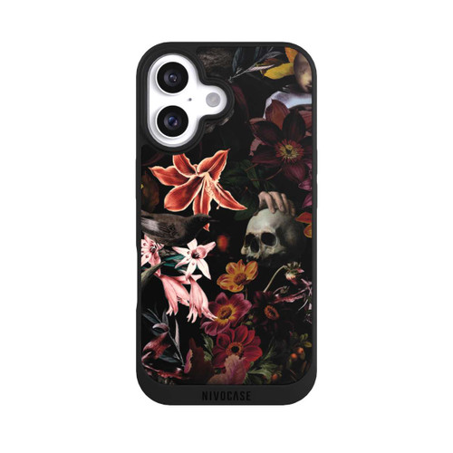 Apple iPhone 16 NIVOpure Totenköpfe und Blumen auf dunklem Hintergrund