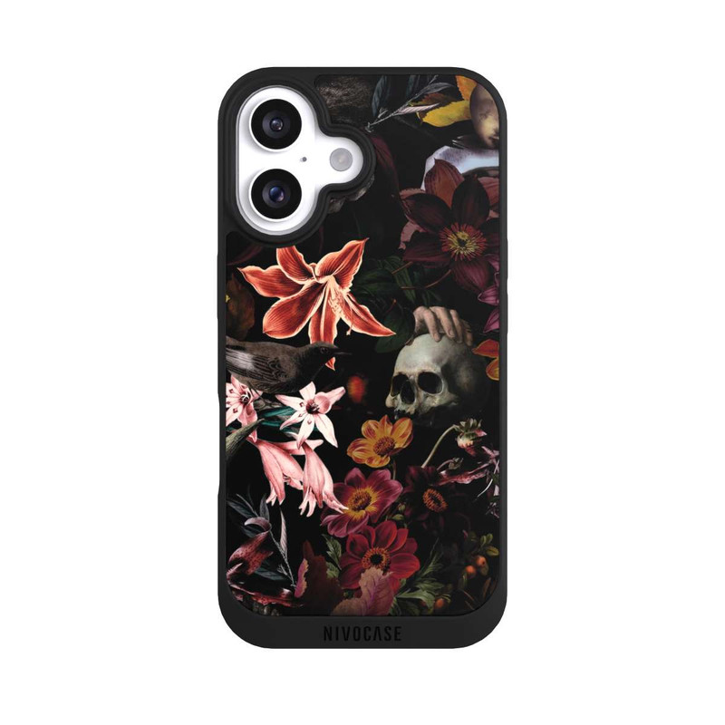 iPhone 16 NIVOpure Totenköpfe und Blumen auf dunklem Hintergrund