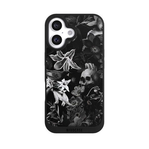 Apple iPhone 16 NIVOpure Totenköpfe und Blumen auf schwarzem Hintergrund