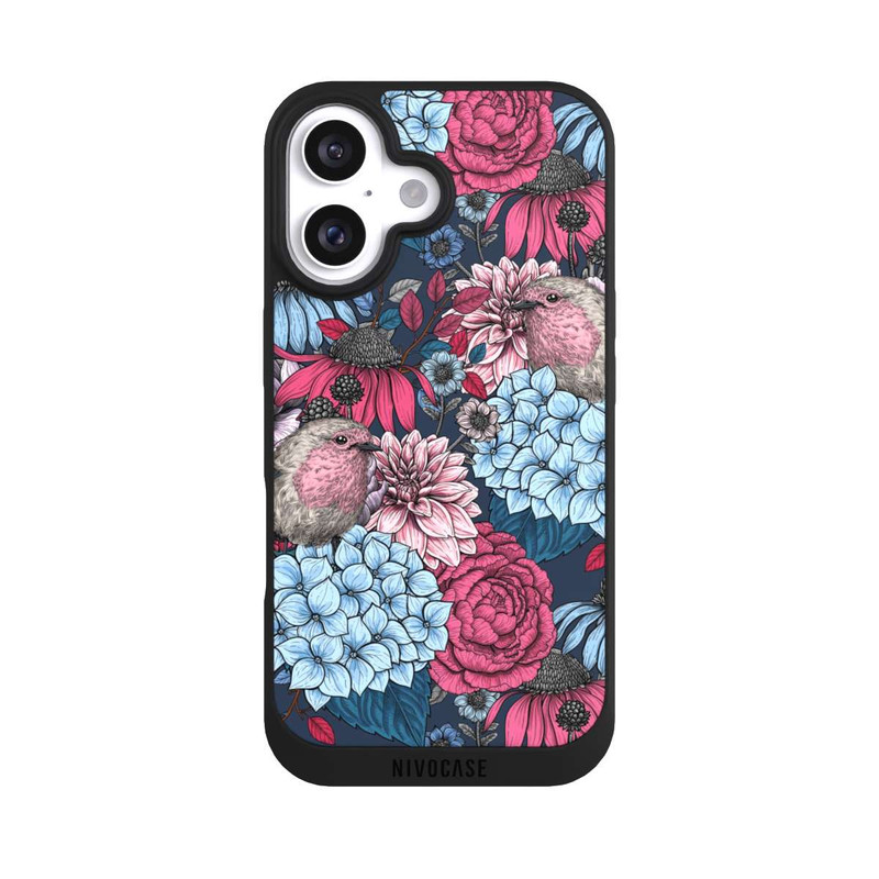iPhone 16 NIVOpure Vögel und Blumen Petrolrot