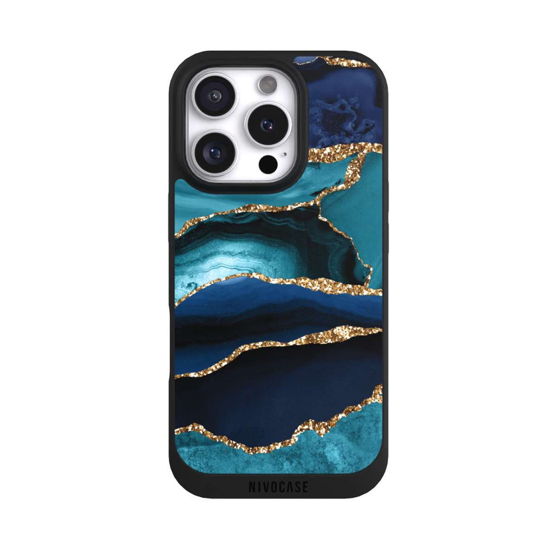iPhone 16 Pro NIVOpure Aspect pailleté doré marbré bleu foncé et bleu clair