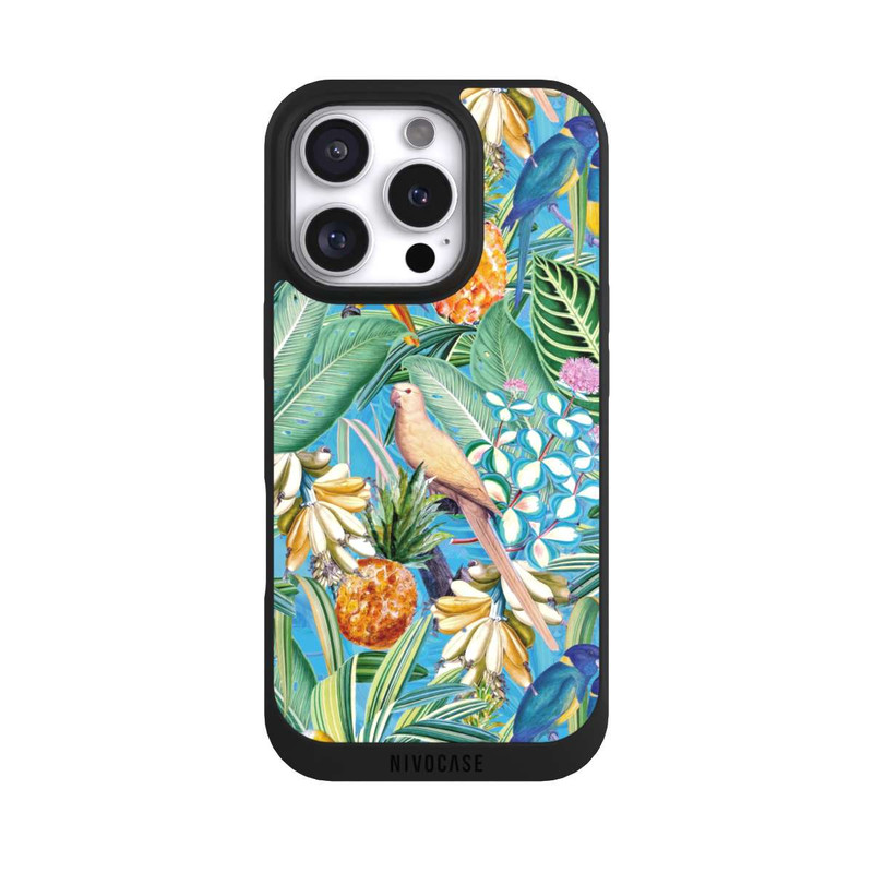 iPhone 16 Pro NIVOpure Perroquets tropicaux sur papier peint bleu