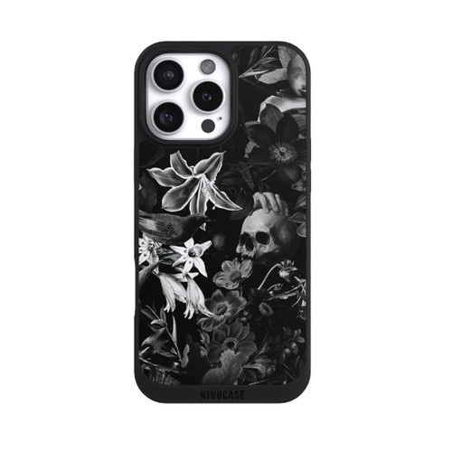 Apple iPhone 16 Pro Max NIVOpure Totenköpfe und Blumen auf schwarzem Hintergrund