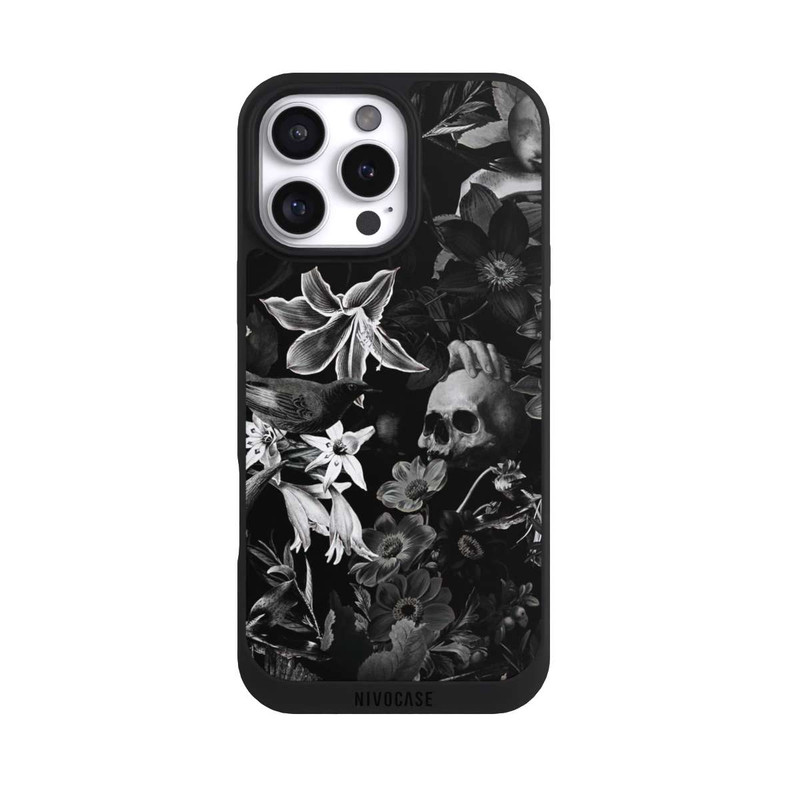 iPhone 16 Pro Max NIVOpure Totenköpfe und Blumen auf schwarzem Hintergrund