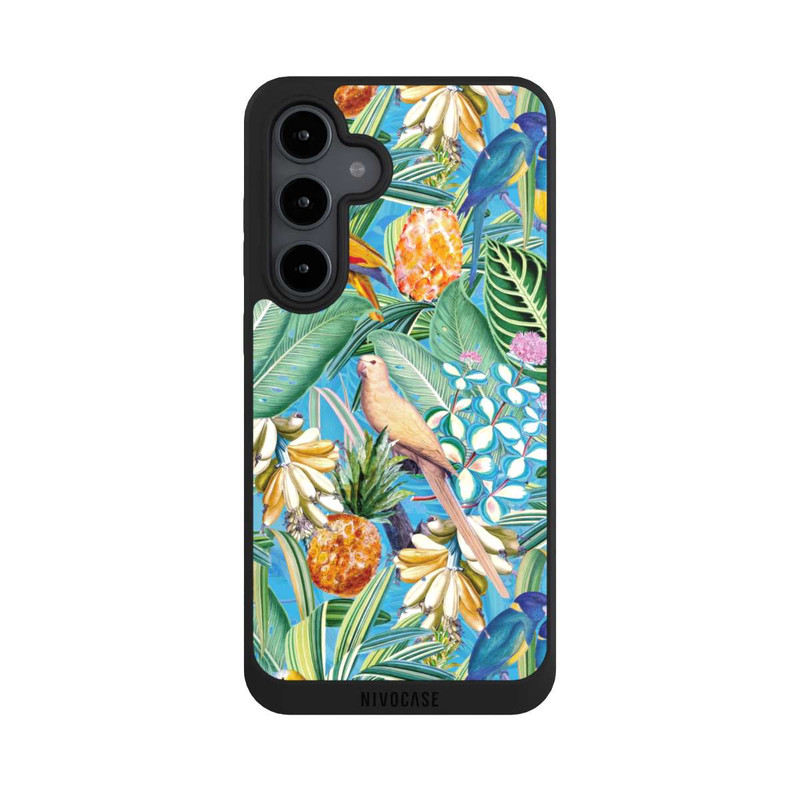 Galaxy S24 FE NIVOpure Perroquets tropicaux sur papier peint bleu
