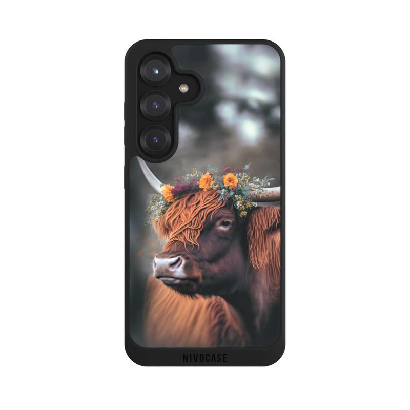 Galaxy S25 NIVOpure Vache des Highlands avec des fleurs avec IA