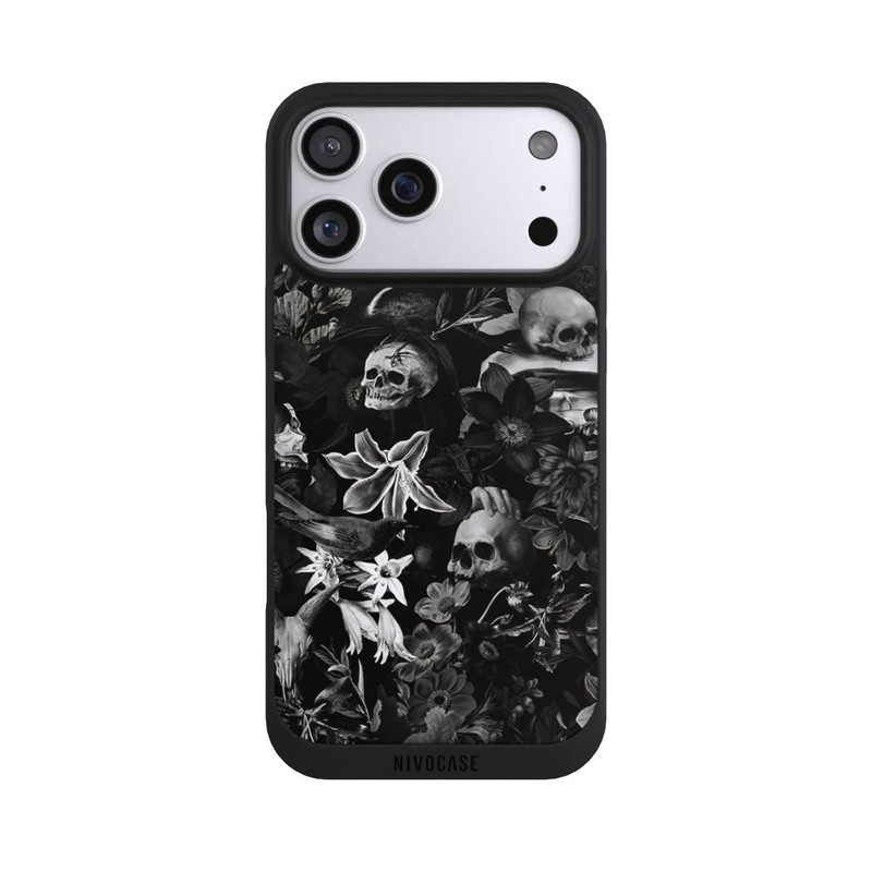 iPhone 17 Pro Max NIVOpure Totenköpfe und Blumen auf schwarzem Hintergrund