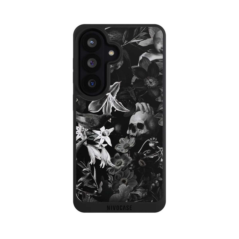 Galaxy S26 NIVOpure Totenköpfe und Blumen auf schwarzem Hintergrund