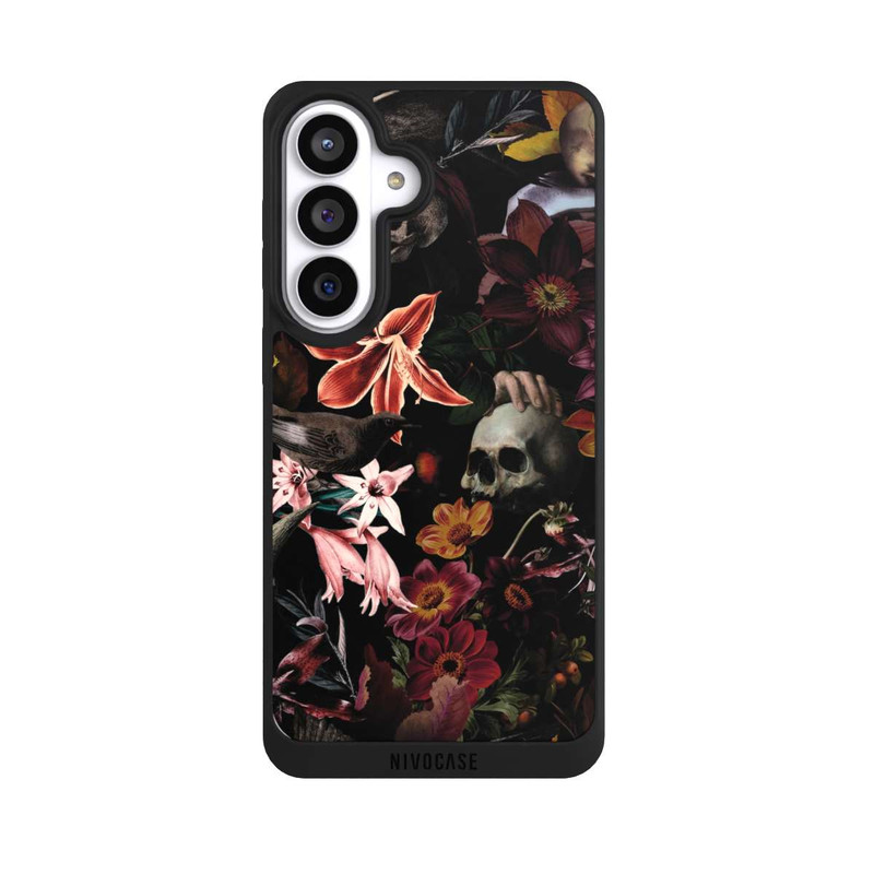 Galaxy S26+ NIVOpure Totenköpfe und Blumen auf dunklem Hintergrund