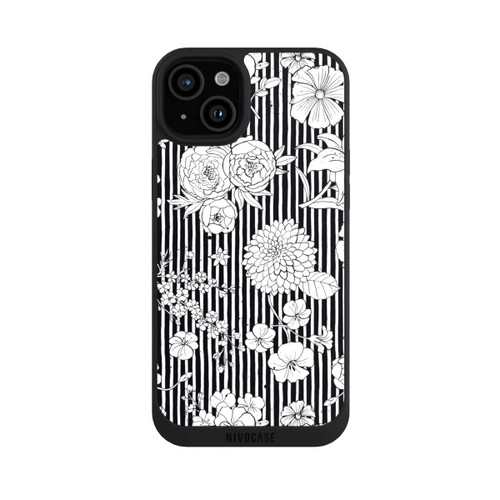 Apple iPhone 15 Plus NIVOpure Blumen und Streifen Schwarz und Weiß