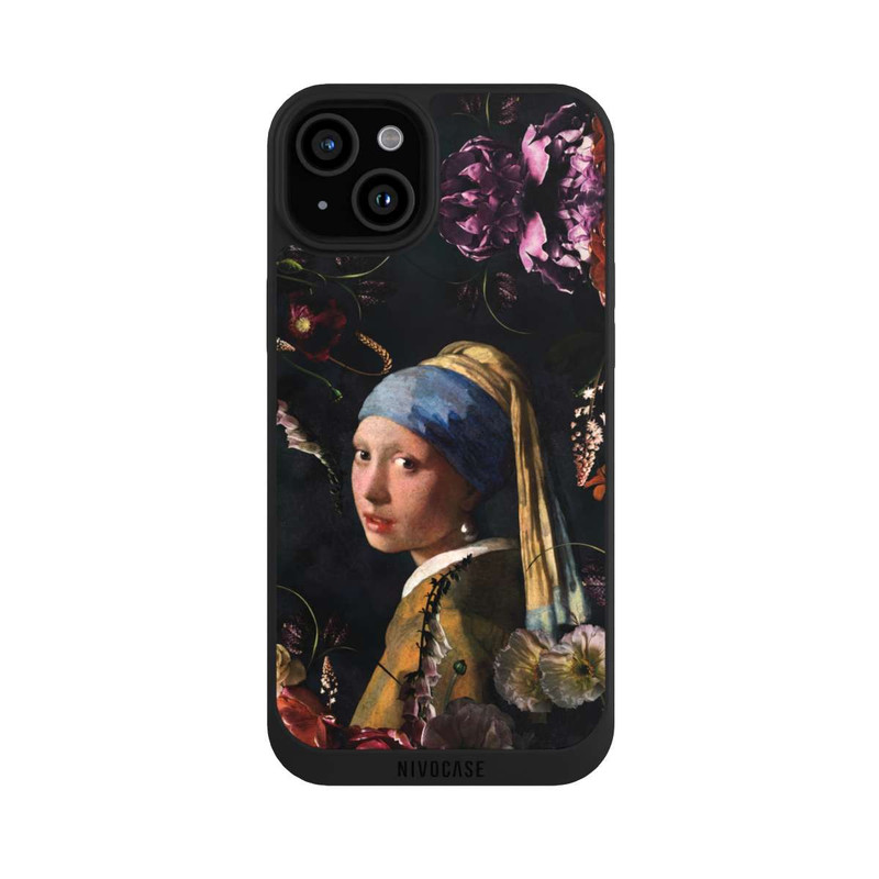 iPhone 15 Plus NIVOpure Mädchen mit Perlenohrringen und Rosen