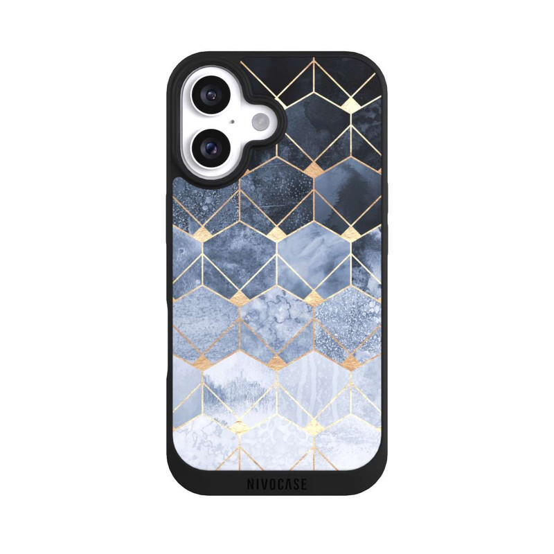 iPhone 16 NIVOpure Blaue Sechsecke und Diamanten Golddruck