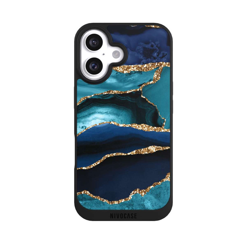 iPhone 16 NIVOpure Dark and Light Blue Marble Gold Glitter Look