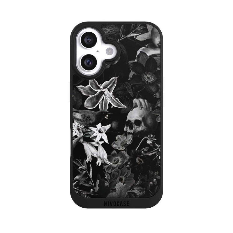 iPhone 16 NIVOpure Totenköpfe und Blumen auf schwarzem Hintergrund