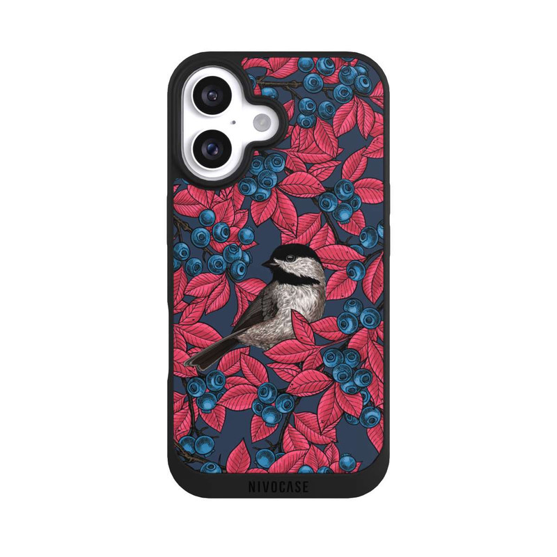 iPhone 16 NIVOpure Blaubeeren und Vögel auf Navy