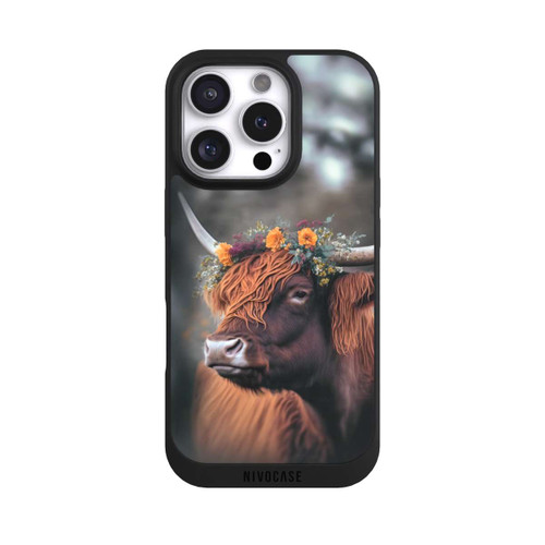 Apple iPhone 16 Pro NIVOpure Vache des Highlands avec des fleurs avec IA