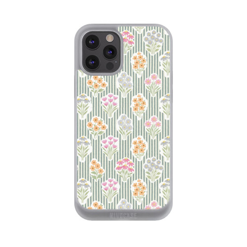 Apple iPhone 12 Pro NIVOpure Ditsy Flower Sticker Bouquets on Blue and Cream Pinstripes