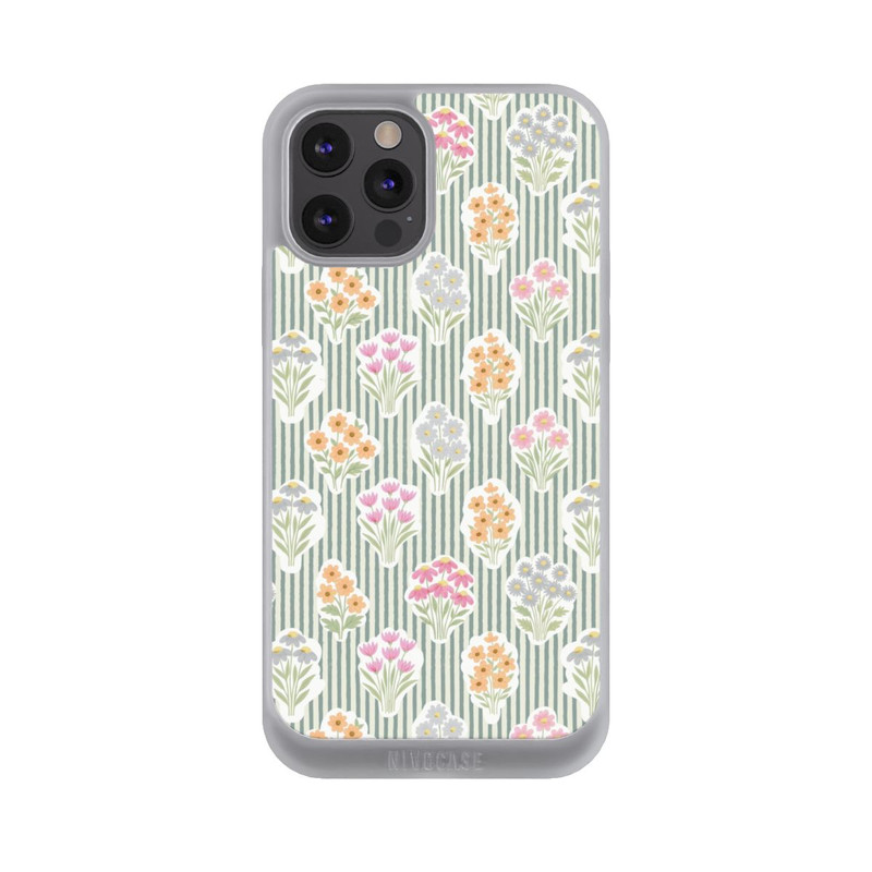 iPhone 12 Pro NIVOpure Ditsy Flower Sticker Bouquets on Blue and Cream Pinstripes