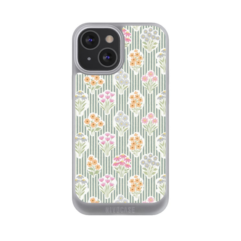 iPhone 13 Mini NIVOpure Ditsy Flower Sticker Bouquets on Blue and Cream Pinstripes