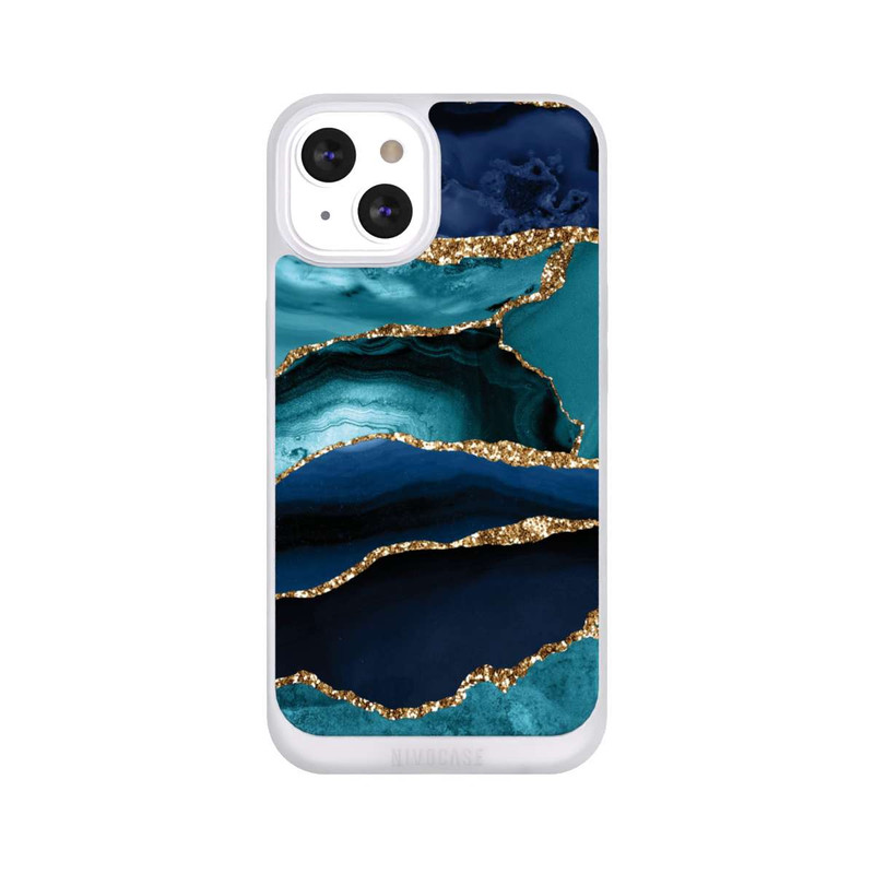 iPhone 13 NIVOpure Aspect pailleté doré marbré bleu foncé et bleu clair